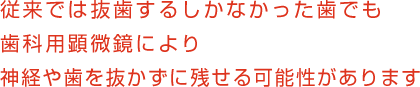 従来では抜歯するしかなかった歯でも最先端の歯科用顕微鏡により神経や歯を抜かずに残せる可能性があります